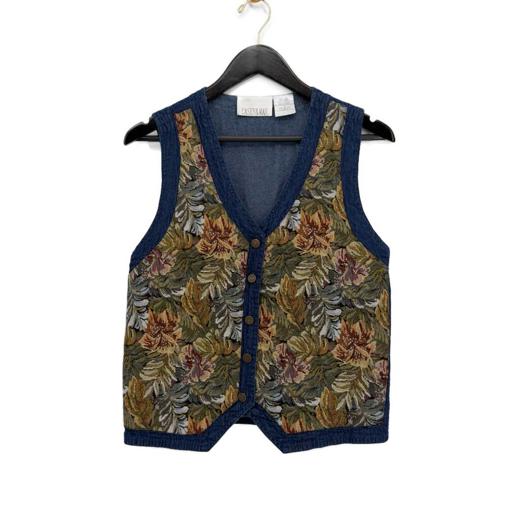 Vintage 90s Casey & Max Floral Embroidered Denim Vest Womens Small